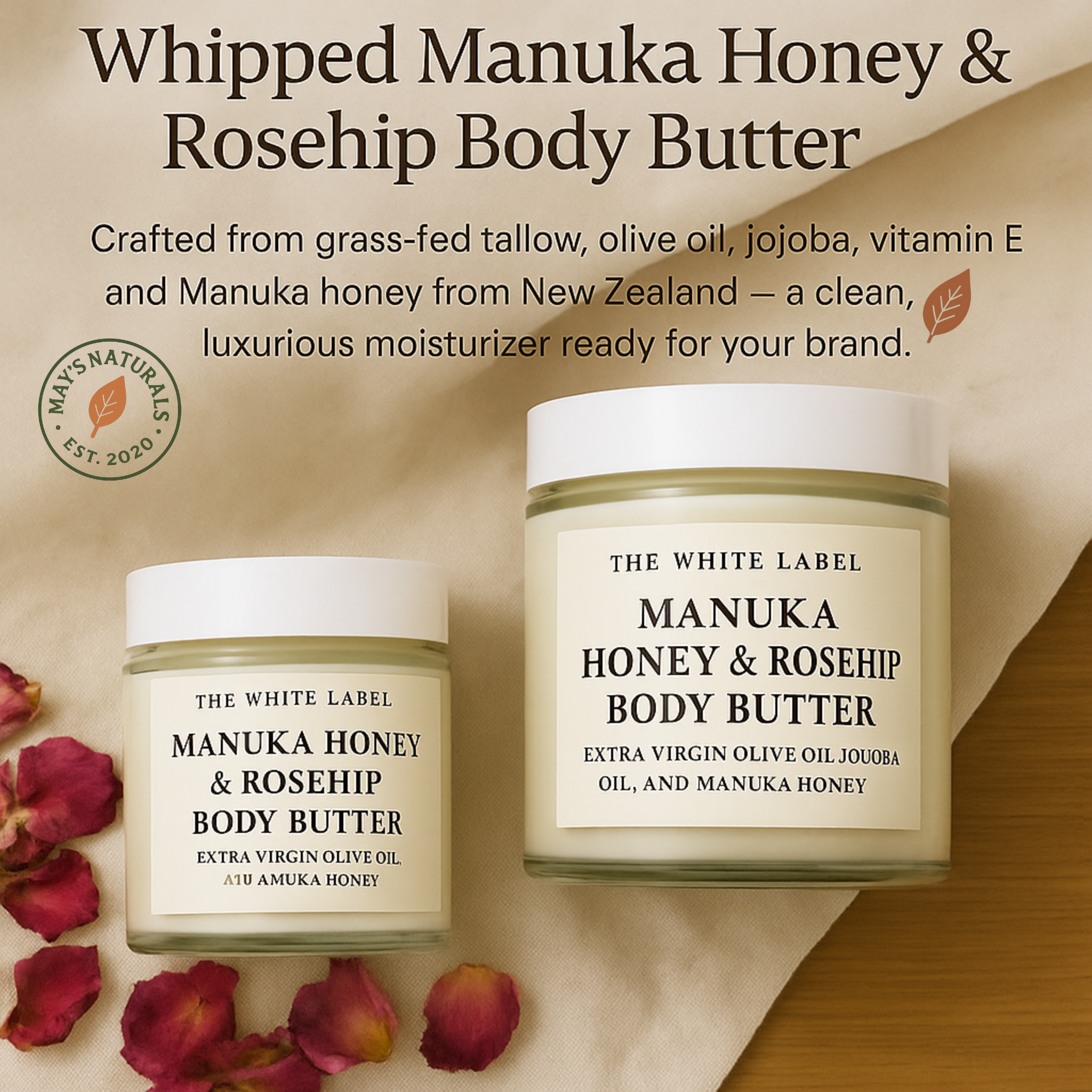 White Label Manuka Honey & Rosehip Tallow Body Butter (2oz / 9oz) – All-Natural, Customizable Skincare | Private Label by May’s Naturals