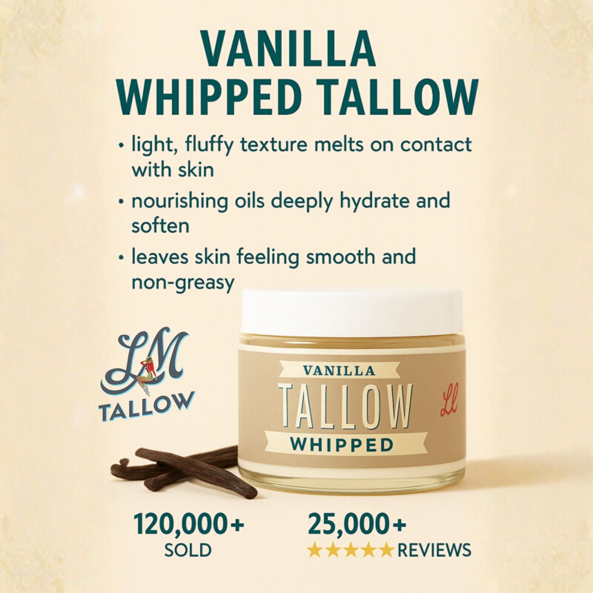 Jar of Vanilla Whipped Tallow with product description and LM Tallow branding on a beige background