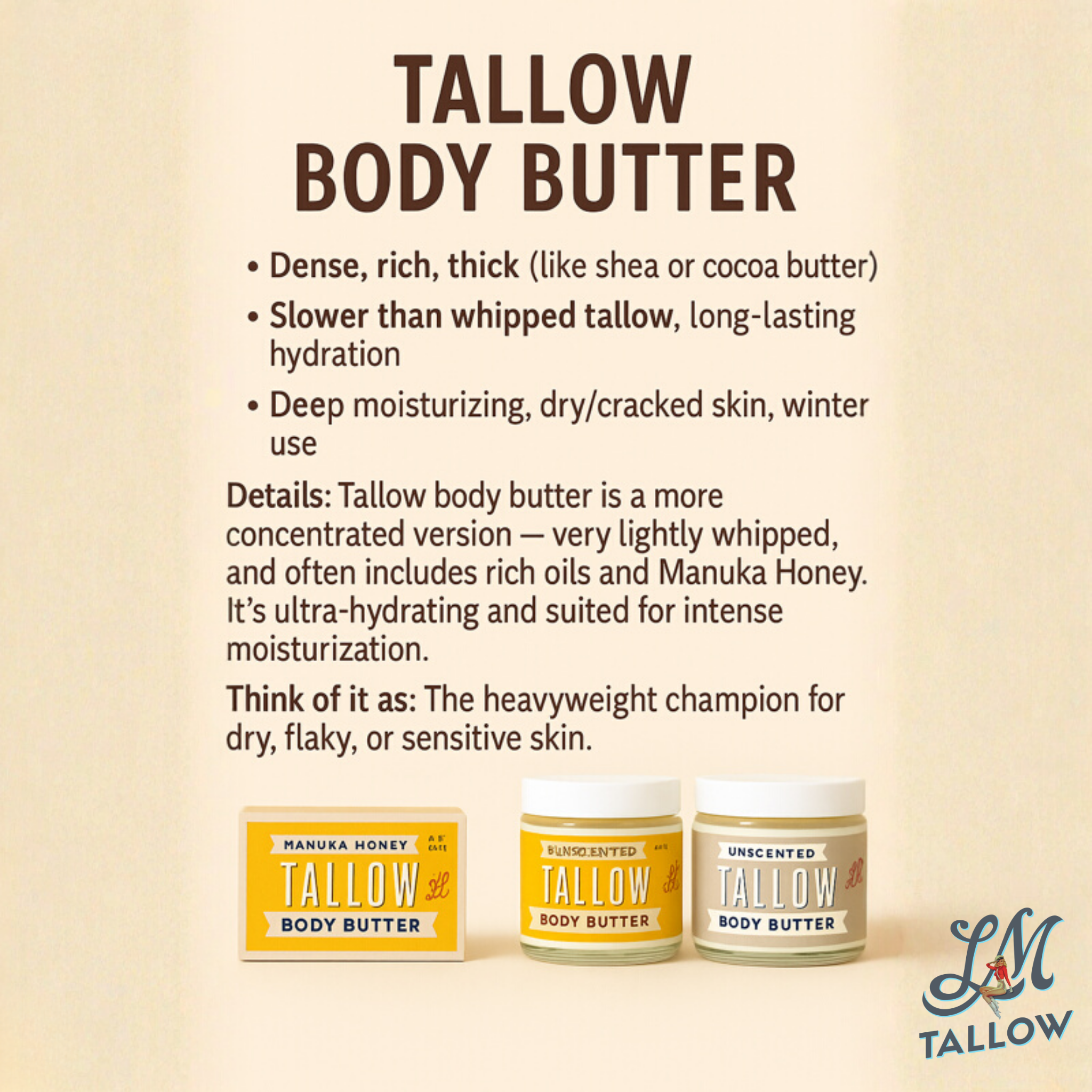 Unscented Tallow Skincare 9oz Trio - Whipped Moisturizer, Body Butter & Balm | Lady May Tallow - Lady May Tallow