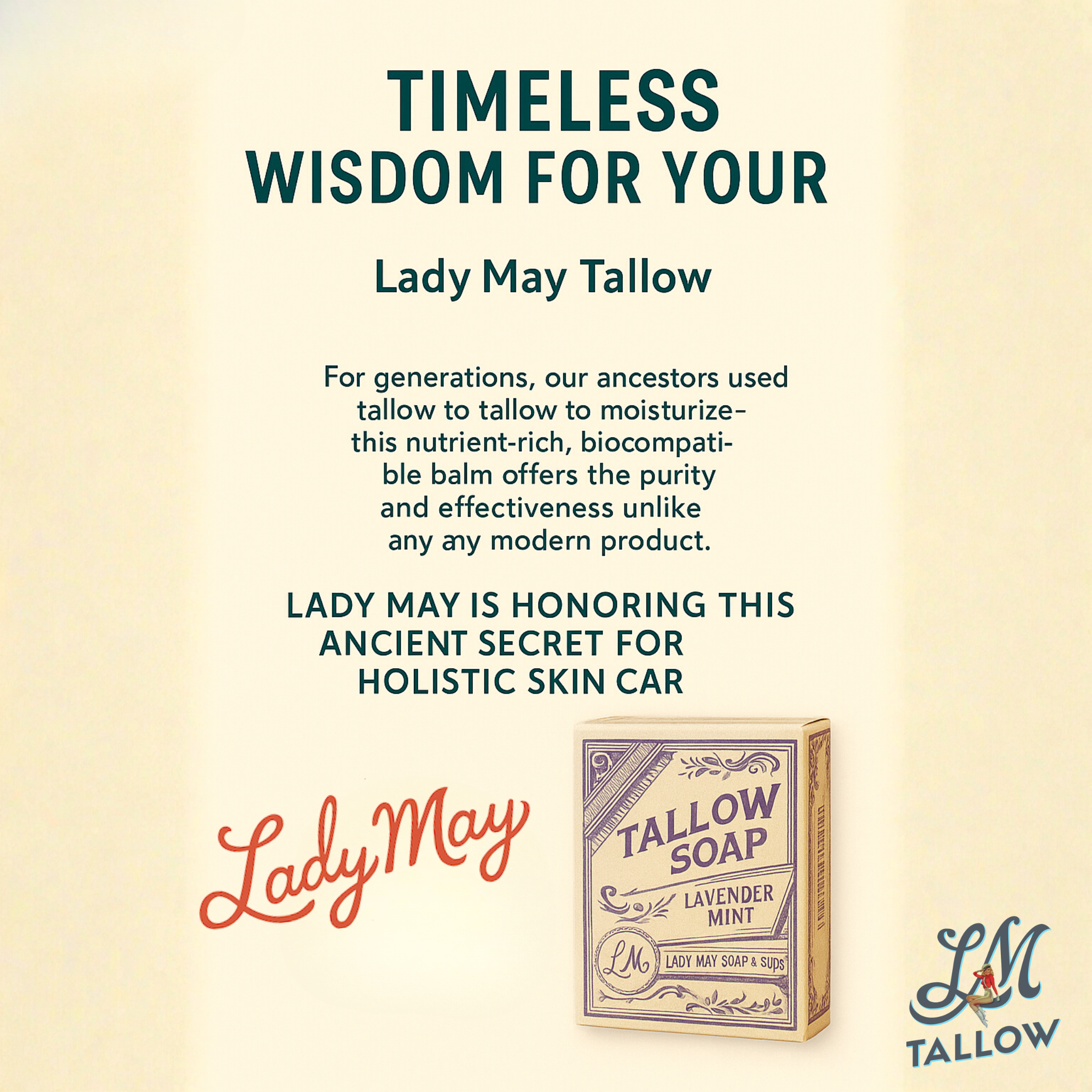 All-Natural Tallow Soap - Lavender Mint & Unscented Bar Soap with Grass-Fed Beef Tallow Lady May Tallow timeless wisdom promo