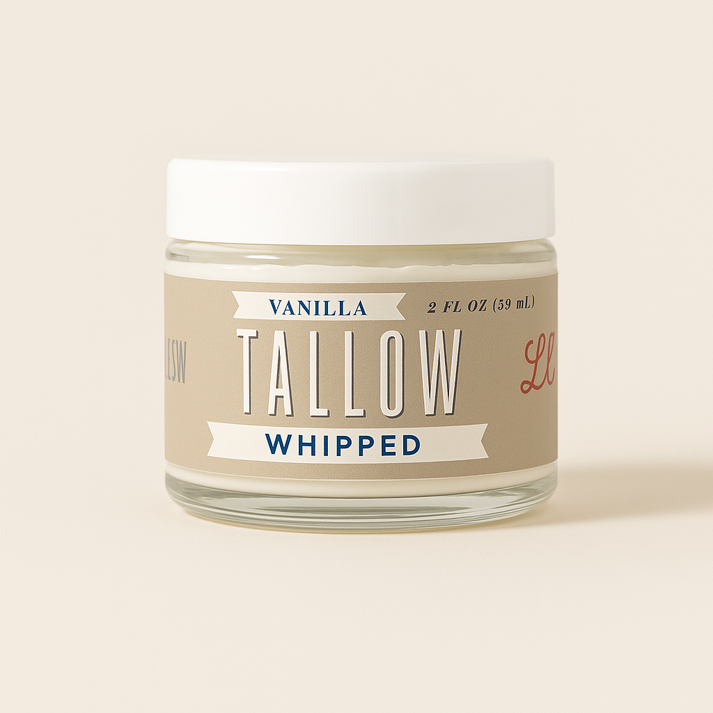 Jar of vanilla whipped tallow on a light background