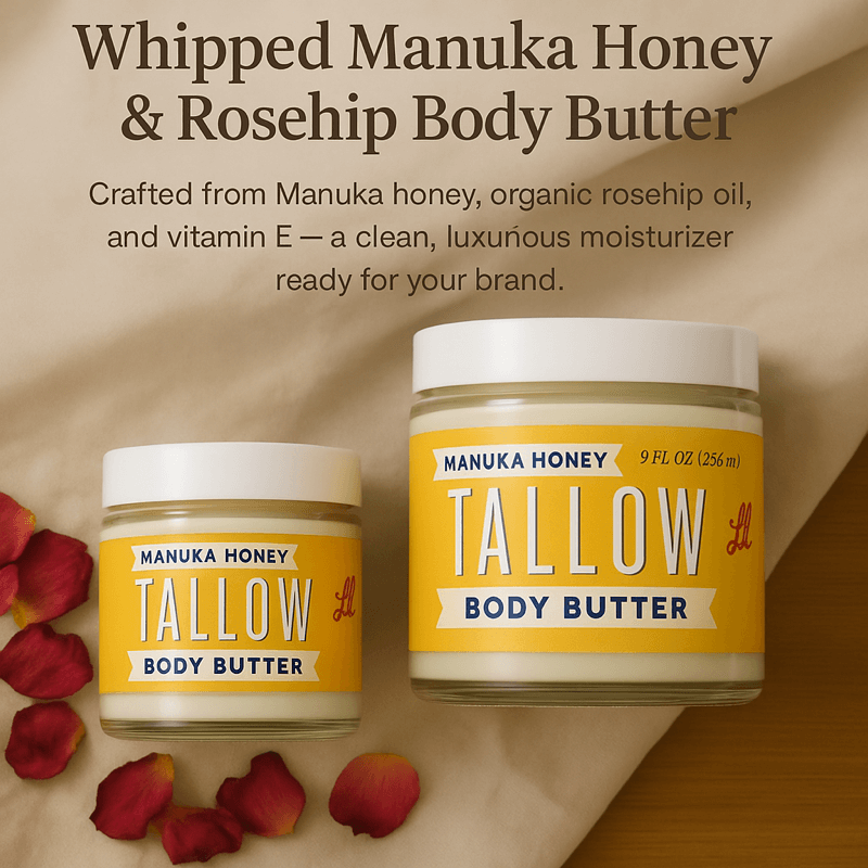 Manuka Honey + Rosehip Tallow Body Butter – Deeply Nourishing & Repairing Natural Skincare whipped tallow body butter jars with rose petals