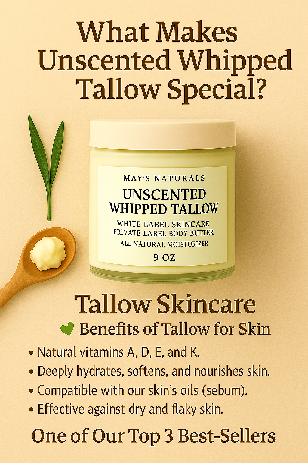 White Label Unscented Whipped Tallow (2oz/9oz) – Build Your Skincare Brand | Cloud-Like Moisturizer | All-Natural Traditional Skincare by May&