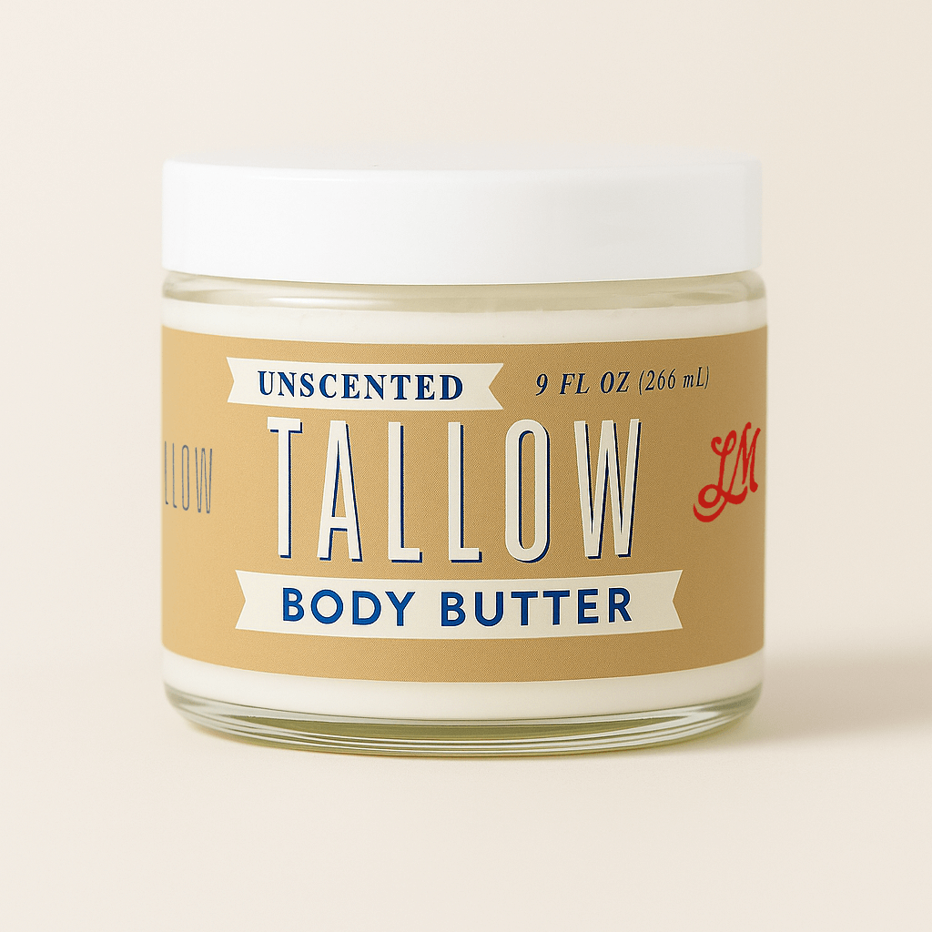 Alt Tag: Unscented Tallow Skincare Collection | 4-Piece Gift Set | Grass-Fed Tallow Lotion, Body Butter, Balm & Whipped Moisturizer - Unscented Tallow Body Butter jar