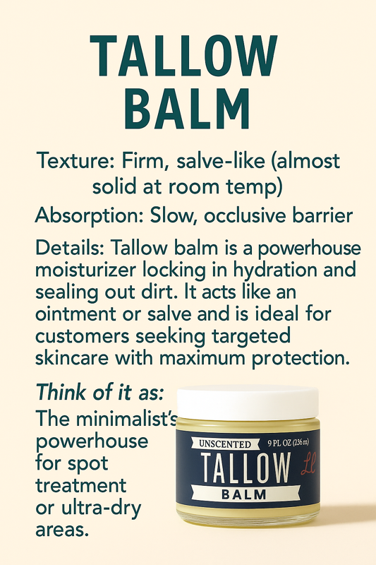 Unscented Tallow Skincare 9oz Trio - Whipped Moisturizer, Body Butter & Balm | Lady May Tallow tallow balm texture absorption details label