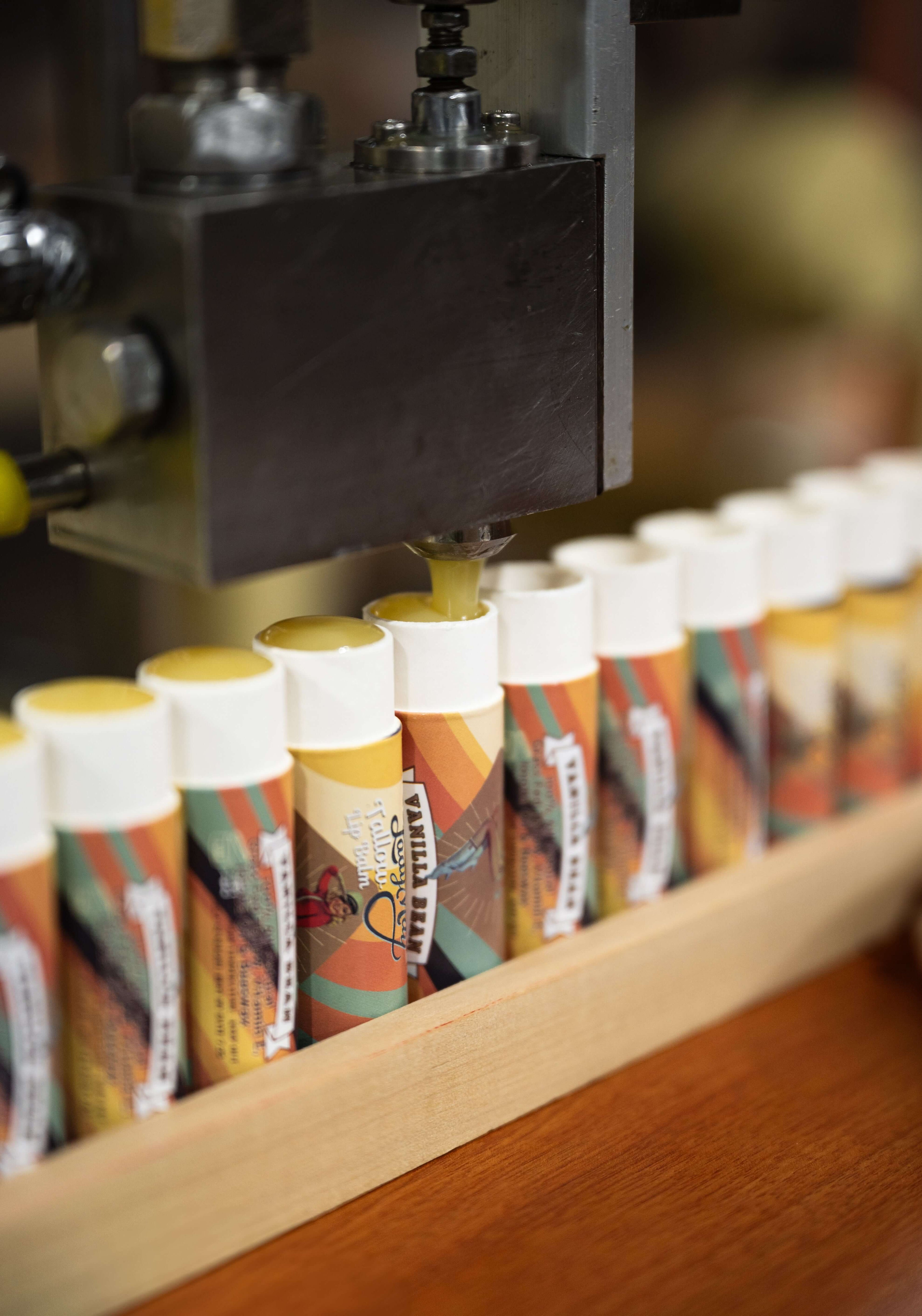 Alt Tag: Tallow Lip Balm - CHOOSE A FLAVOR - Natural Beef Tallow Lip Moisturizer with Beeswax & Jojoba Oil filling tubes on line