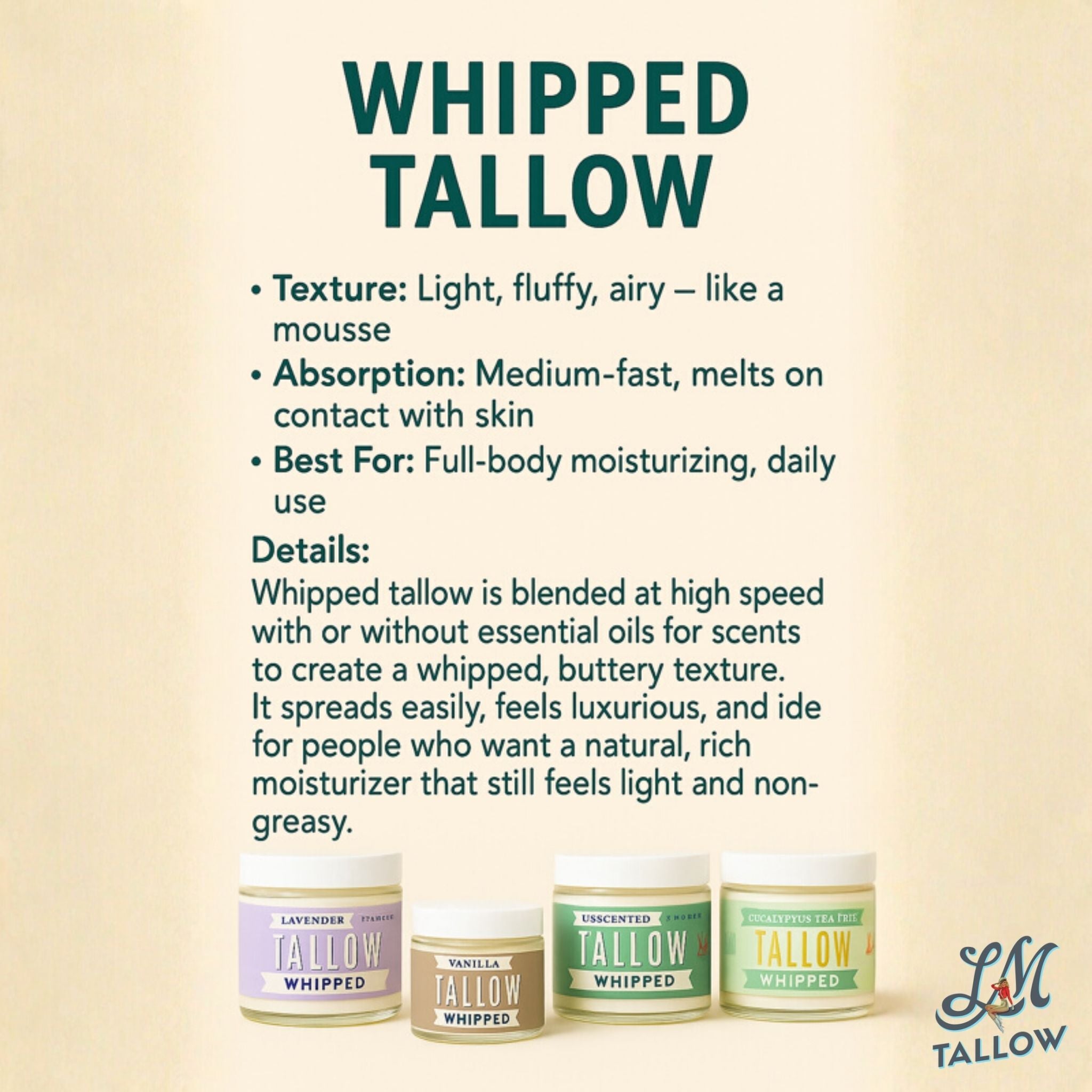 Unscented Whipped Tallow – All-Natural Moisturizer | Pure Beef Tallow Cream for Face & Body |Lady May Handmade, Preservative-Free Skincare - Lady May Tallow