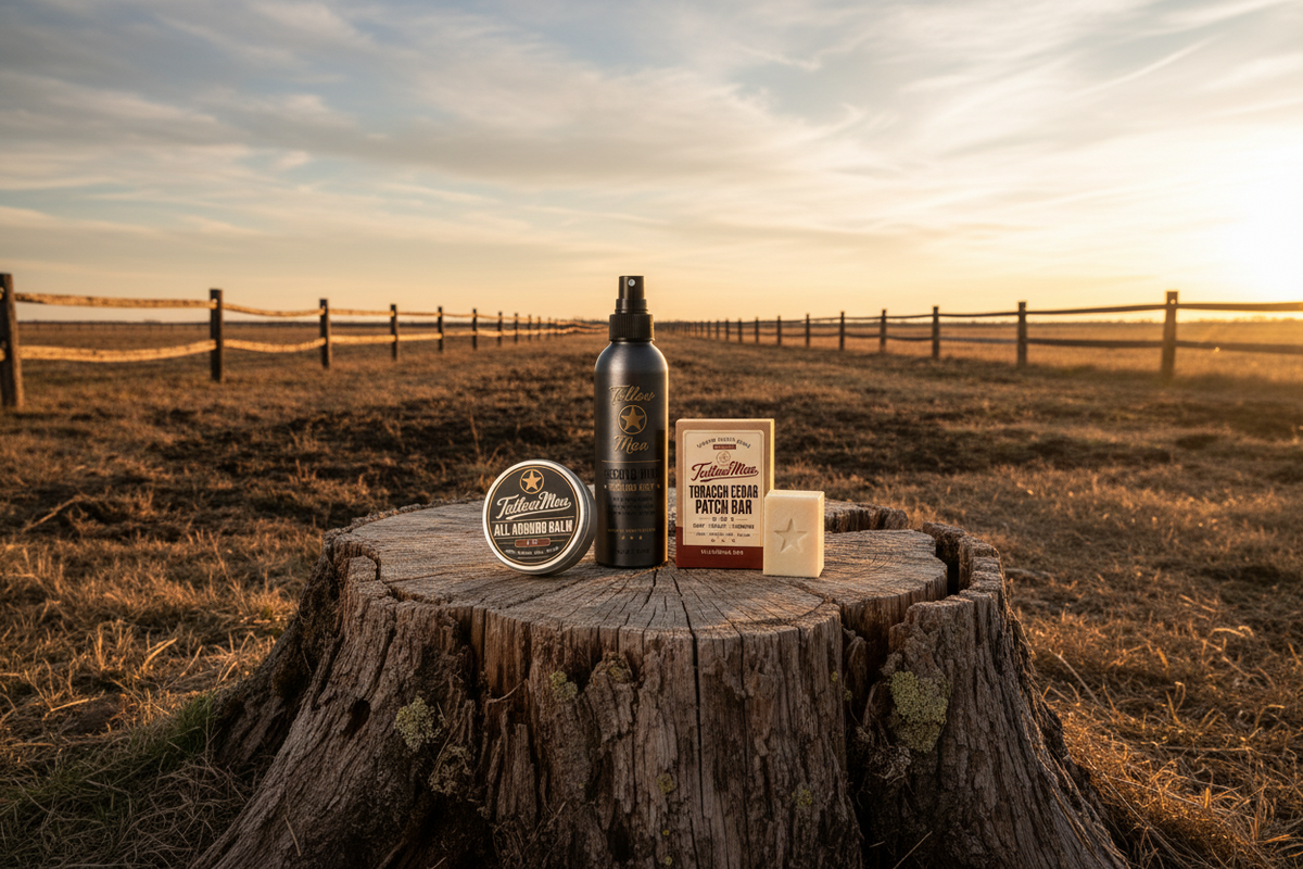 Tallow Man The Man Bundle: spray bottle, balm tin and patch bar on a tree stump at sunset in an open field