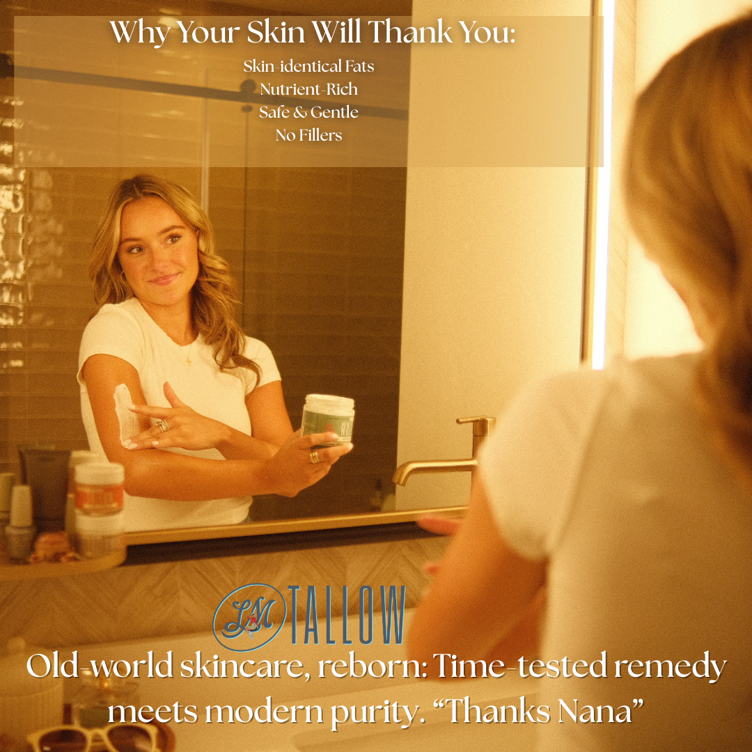 Woman applying cream in front of a mirror with Tallow skincare product advertisement.