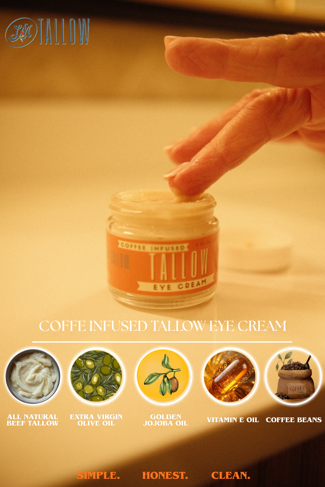 Jar of Tallow Eye Cream with hand interacting, featuring product details on a neutral background.