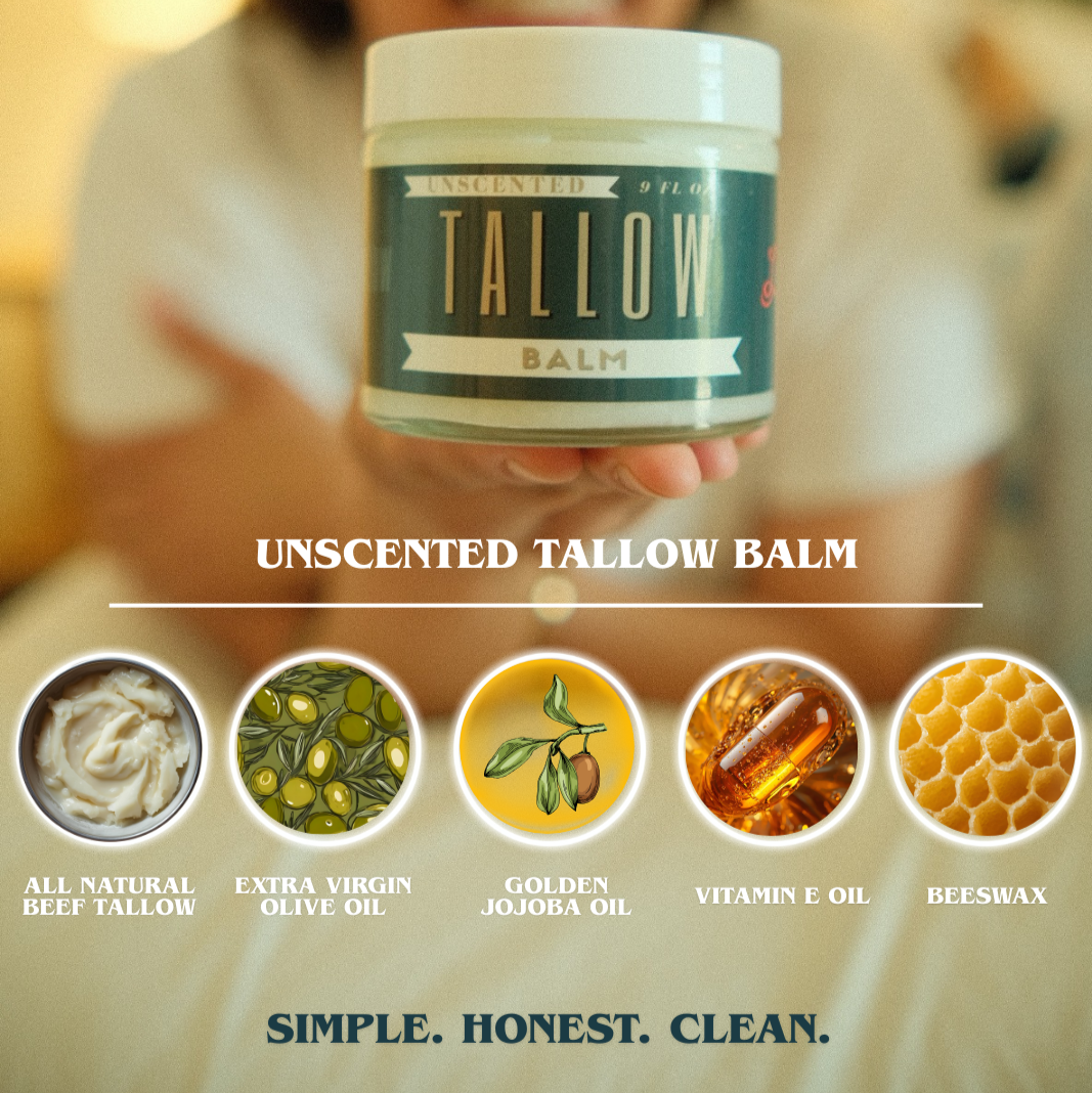 Unscented Tallow Balm | Natural Beef Tallow Vitamin E, Jojoba Moisturizer for Face & Body |Clean, Preservative-Free Skincare by Lady May