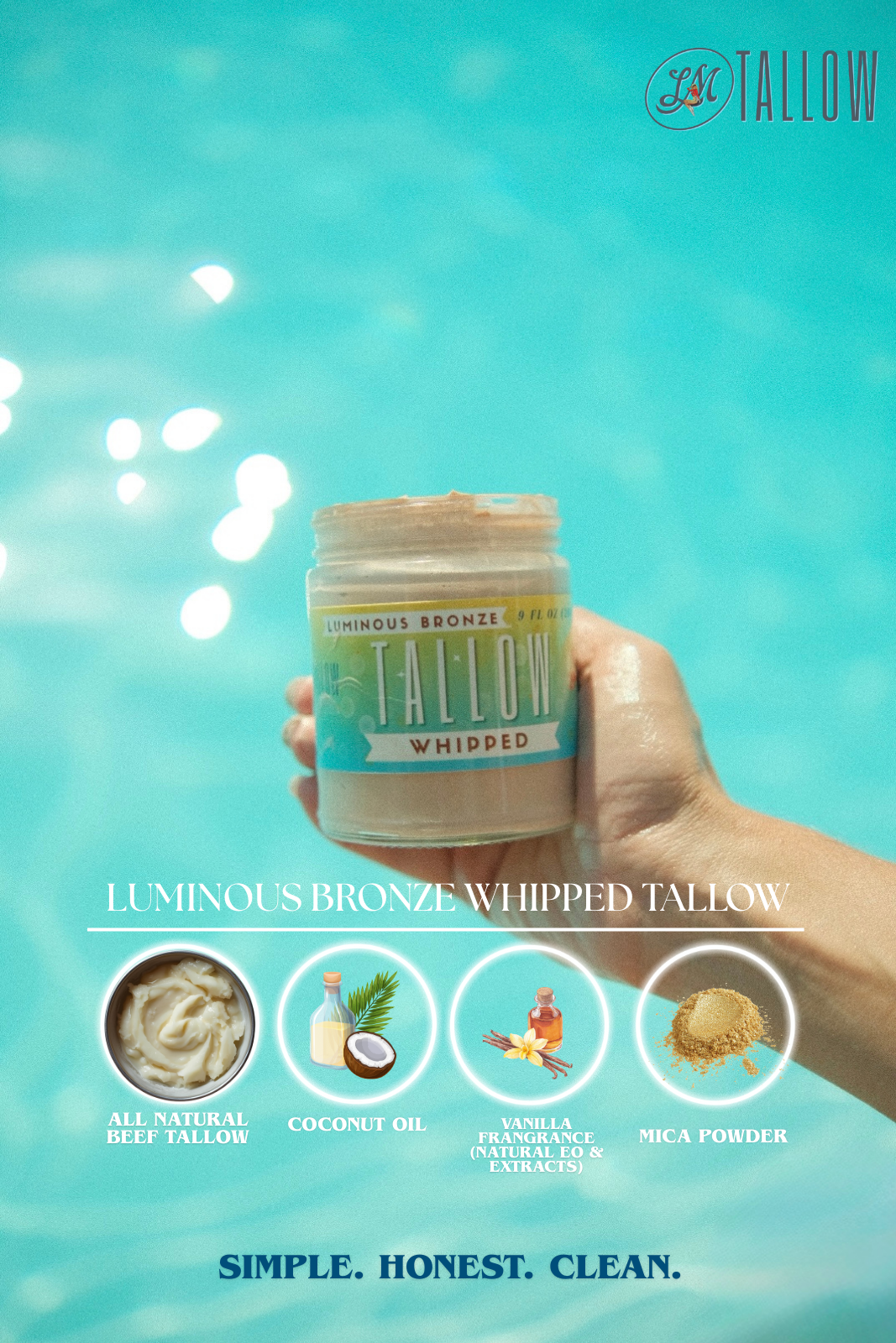 Alt Tag: Luminous Bronze Whipped Tallow Moisturizer - Natural Bronzing Body Butter with Mica jar held by pool, whipped tallow with mica glow