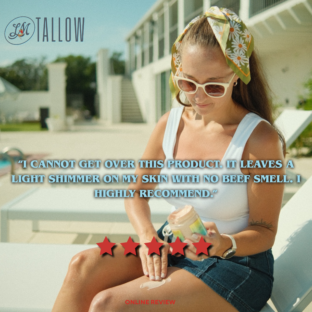 Alt Tag: Luminous Bronze Whipped Tallow Moisturizer - Natural Bronzing Body Butter with Mica customer review applying shimmer tallow by pool