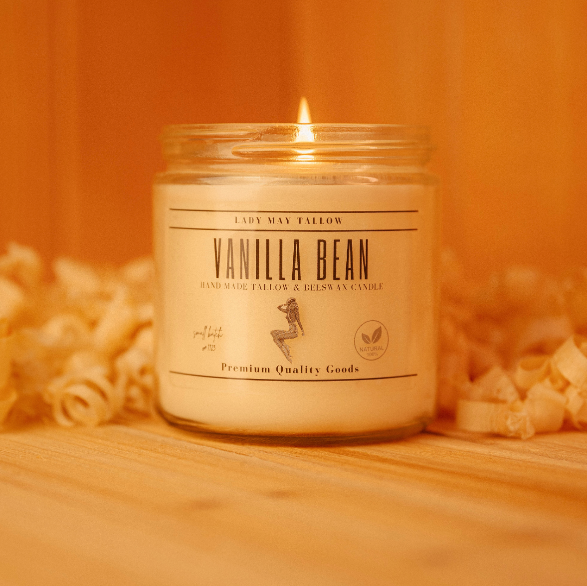 Lady May Tallow "Classic" Tallow & Beeswax Candle 16oz | 7 Natural Scents | Non-Toxic Clean Burning vanilla bean jar candle lit