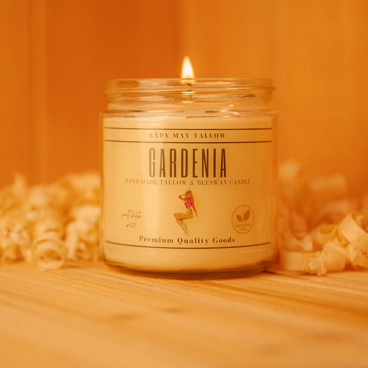 Lady May Tallow "Classic" Tallow & Beeswax Candle 16oz | 7 Natural Scents | Non-Toxic Clean Burning gardenia candle in glass jar lit