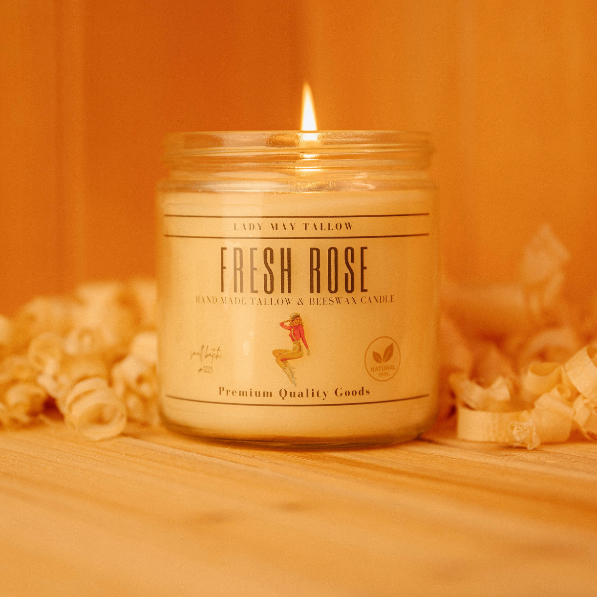 Lady May Tallow "Classic" Tallow & Beeswax Candle 16oz | 7 Natural Scents | Non-Toxic Clean Burning Fresh Rose candle in glass jar lit