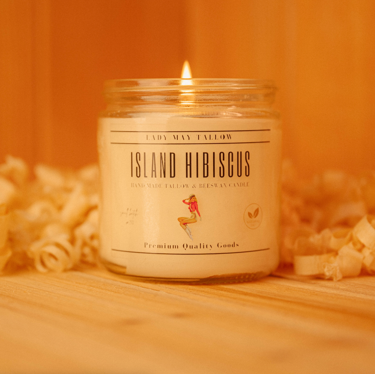 Seasonal Tallow & Beeswax Candle 16oz | Non Toxic Grass-Fed All-Natural Clean Burning Island Hibiscus tallow beeswax jar candle lit