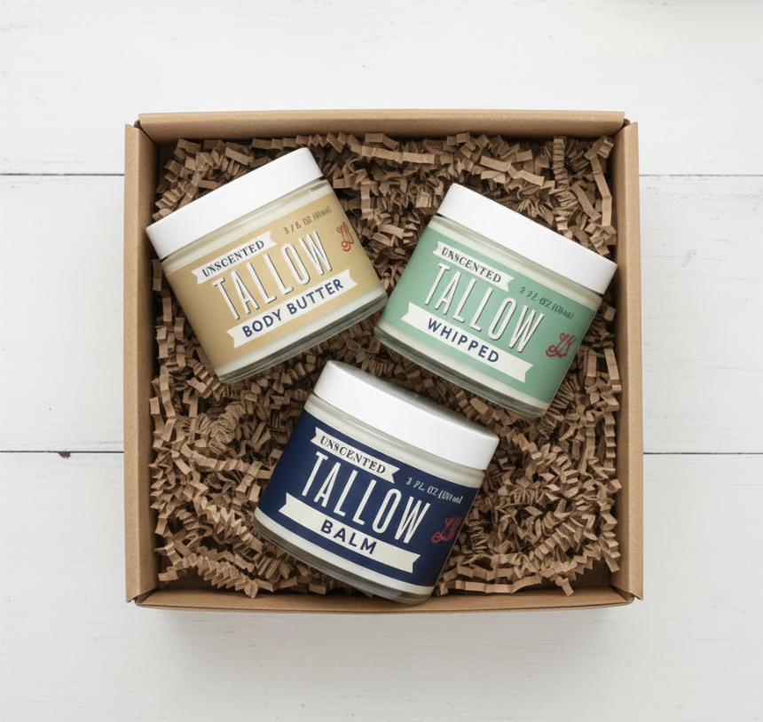 Unscented Tallow Skincare 9oz Trio - Whipped Moisturizer, Body Butter & Balm | Lady May Tallow gift box with three jars