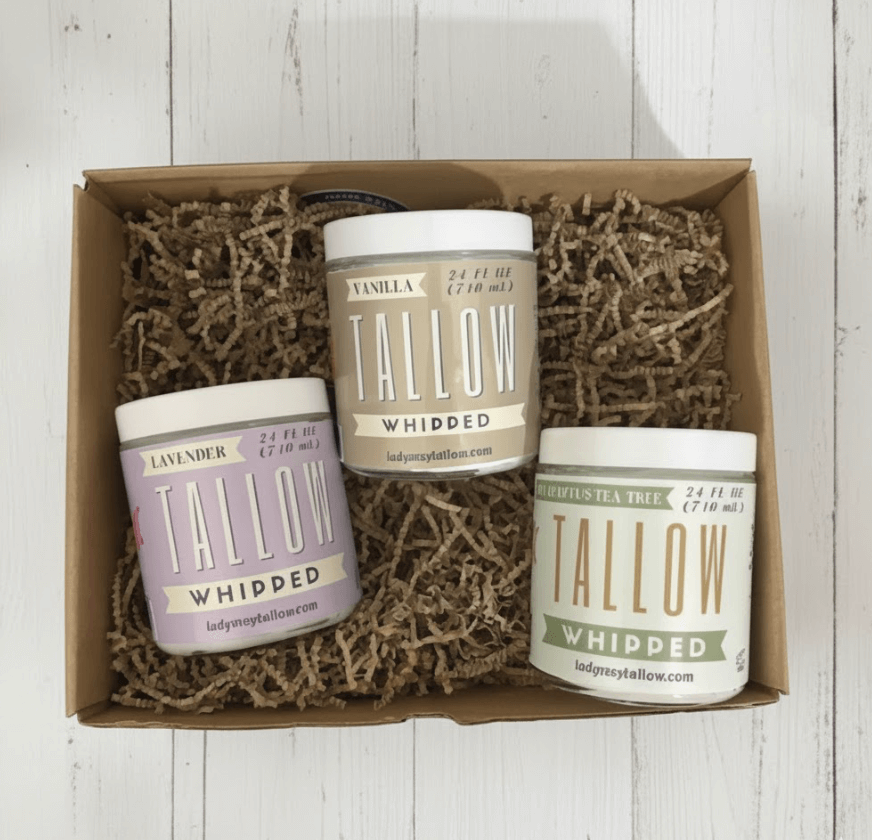 Alt Tag: Deluxe Scented Whipped Tallow Trio - 24oz Lavender, Vanilla Bean & Eucalyptus Tea Tree | Grass-Fed Skincare Bundle in gift box