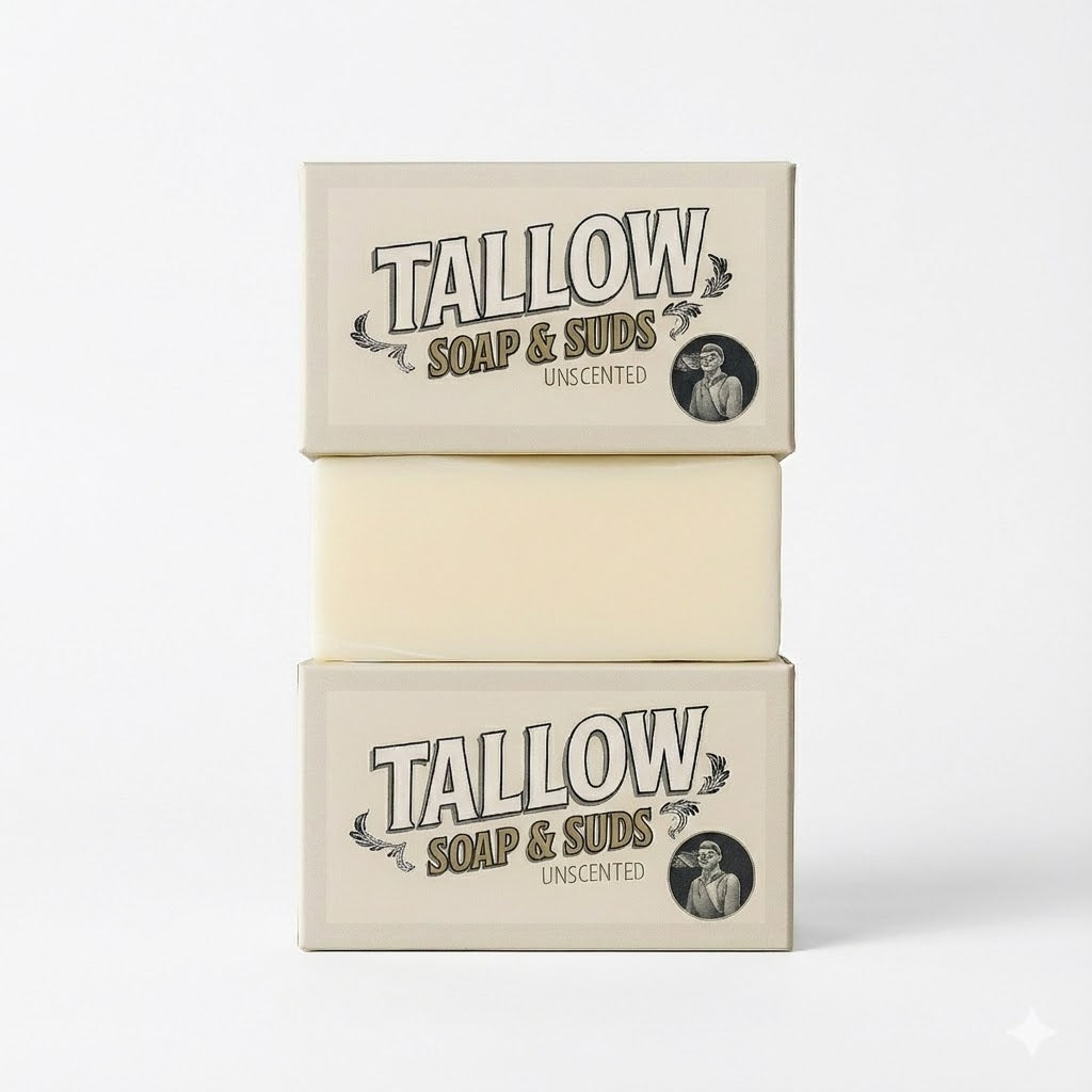 Two bars of Tallow Soap & Suds soap stacked on a white background