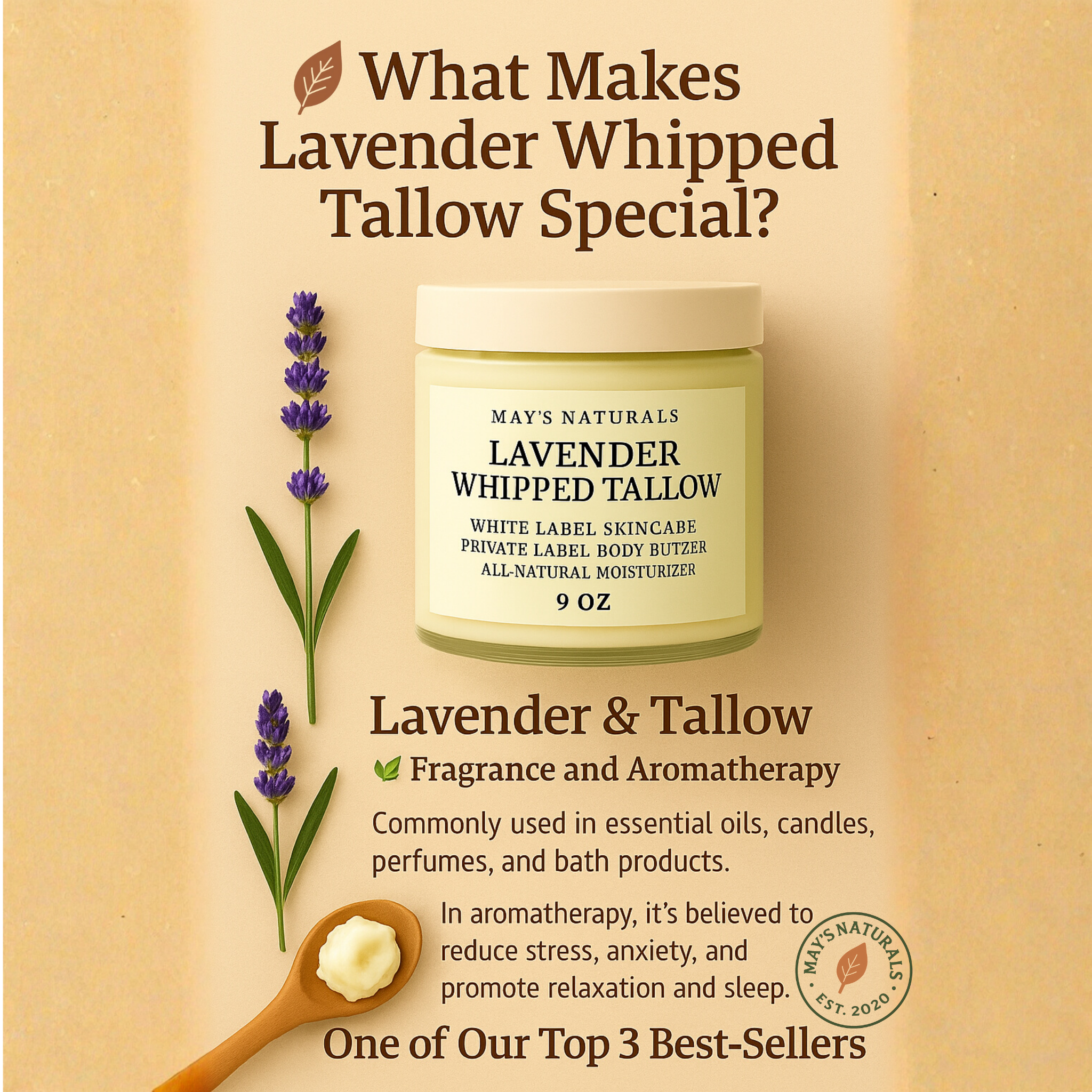 White Label Lavender Whipped Tallow (9oz) – All-Natural | Private Label Skincare by May’s Naturals