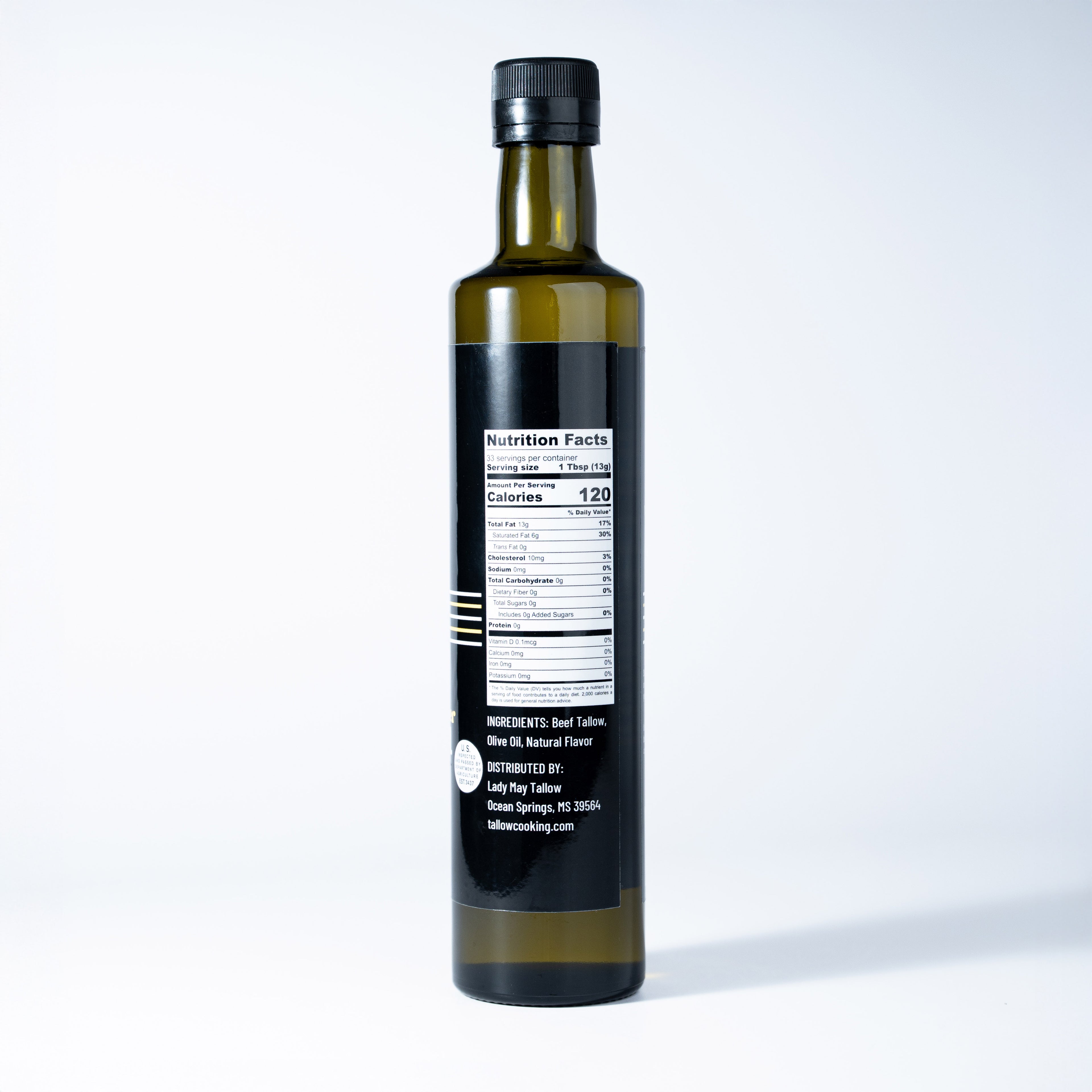 Alt Tag: Premium Grass-Fed Beef Tallow Cooking Oil - Restaurant-Proven | Choose Your Flavor bottle with nutrition facts label