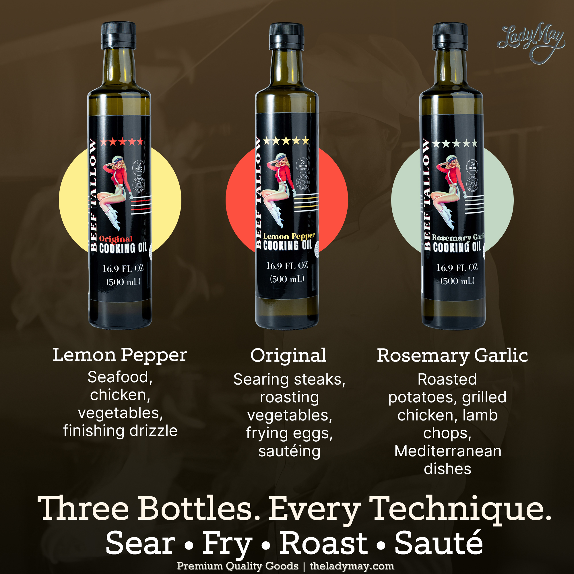 Premium Grass-Fed Beef Tallow Cooking Oil - Restaurant-Proven | Choose Your Flavor, three bottle flavors: Lemon Pepper, Original, Rosemary Garlic