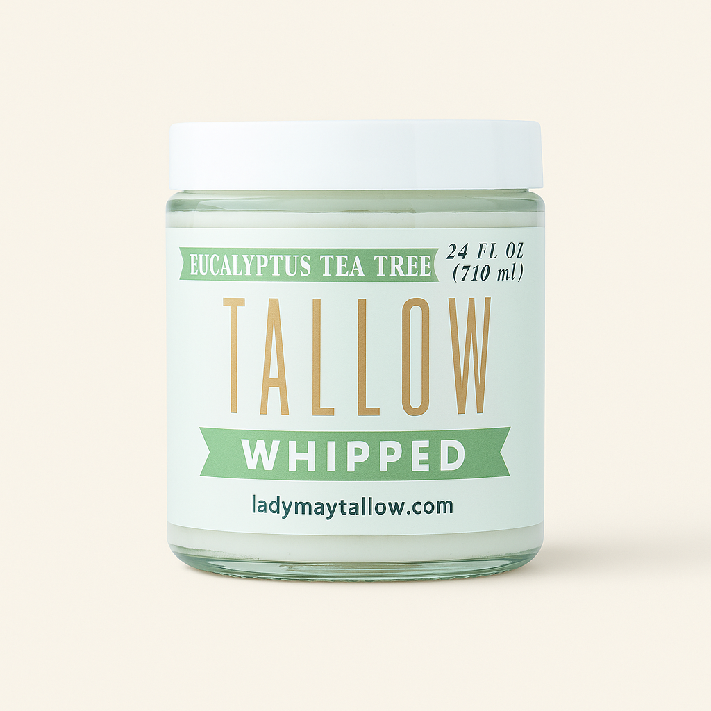 Alt Tag: Eucalyptus Tea Tree Whipped Tallow – 120,000+ Sold | Grass-Fed Beef Tallow Skincare | Lady May Tallow jar label, whipped tallow moisturizer