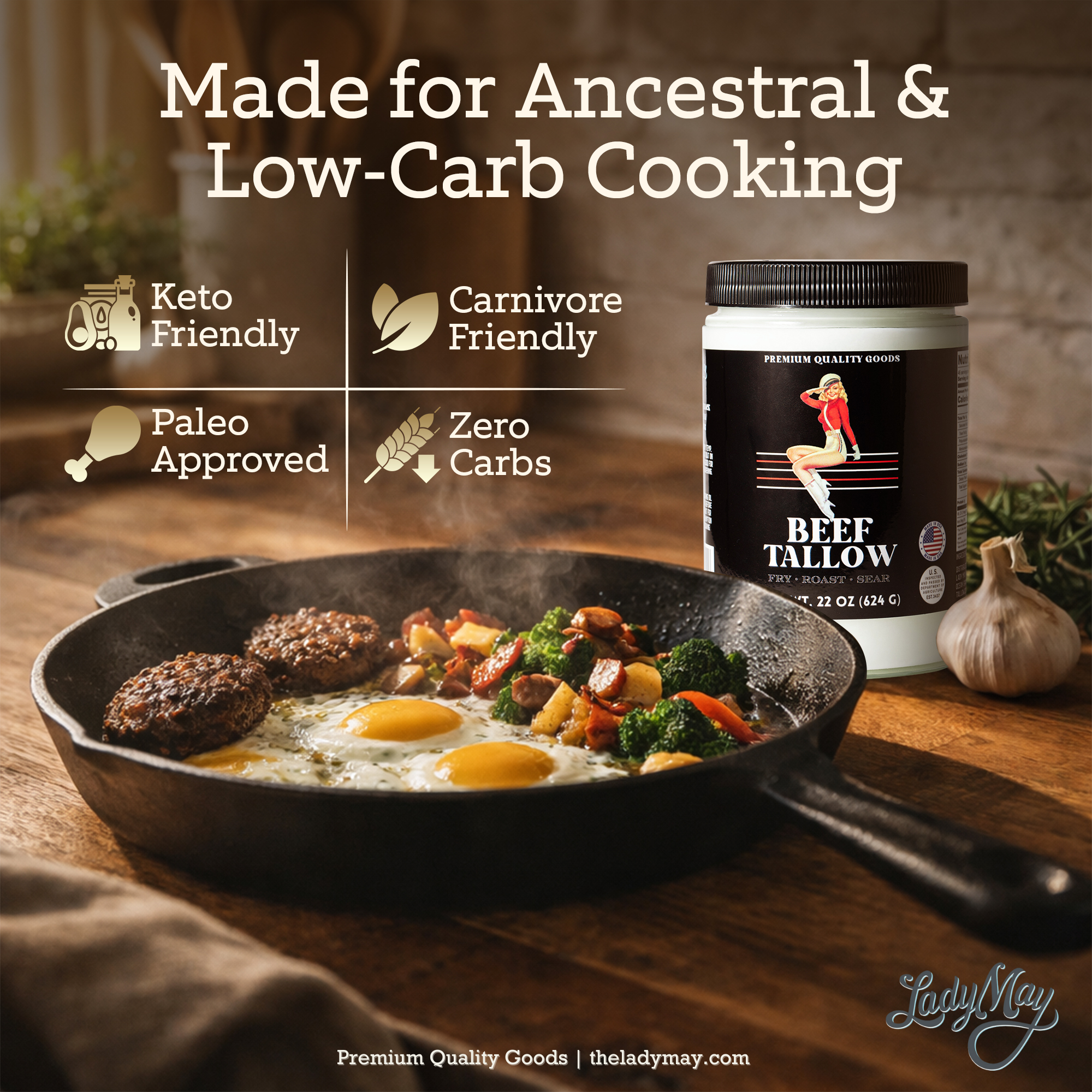 22oz Premium Grass-Fed Beef Tallow | Restaurant-Proven Cooking Fat | Seed Oil-Free jar beside skillet breakfast, keto friendly paleo approved