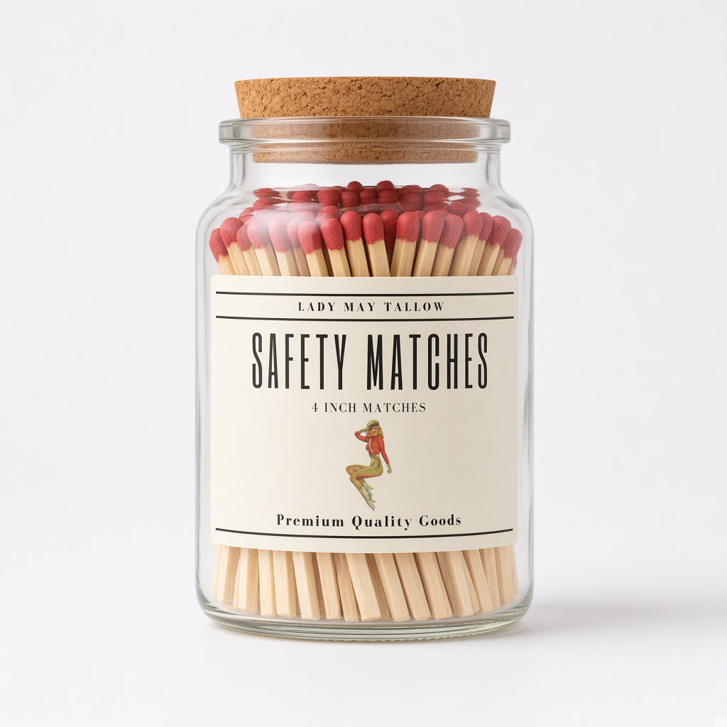 Lady May Tallow Safety Matches: clear glass jar of 4-inch red-tip safety matches with a natural cork lid and cream Lady May Tallow label