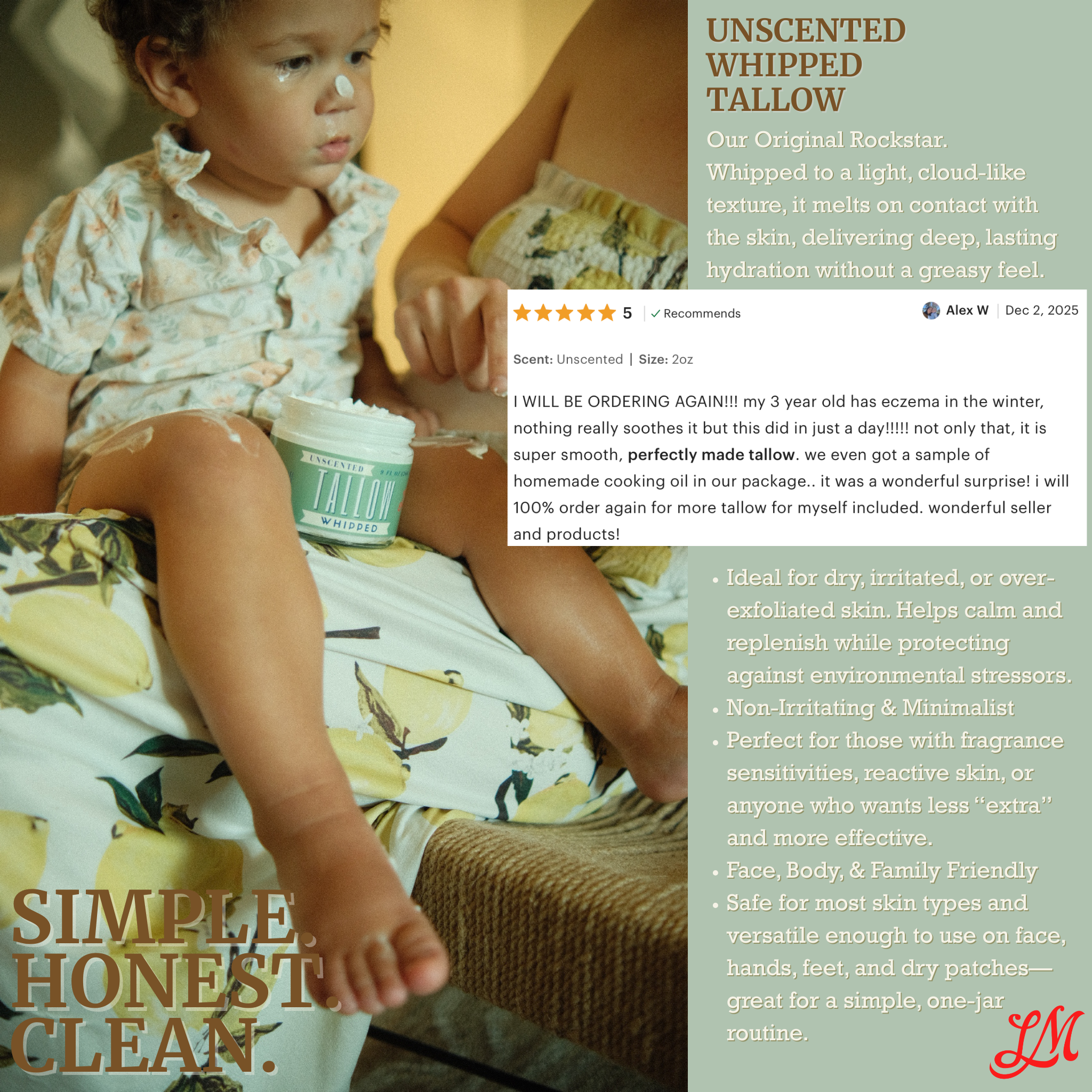 Unscented Tallow Balm | Natural Beef Tallow Vitamin E, Jojoba Moisturizer for Face & Body |Clean, Preservative-Free Skincare by Lady May whipped tallow balm jar with child