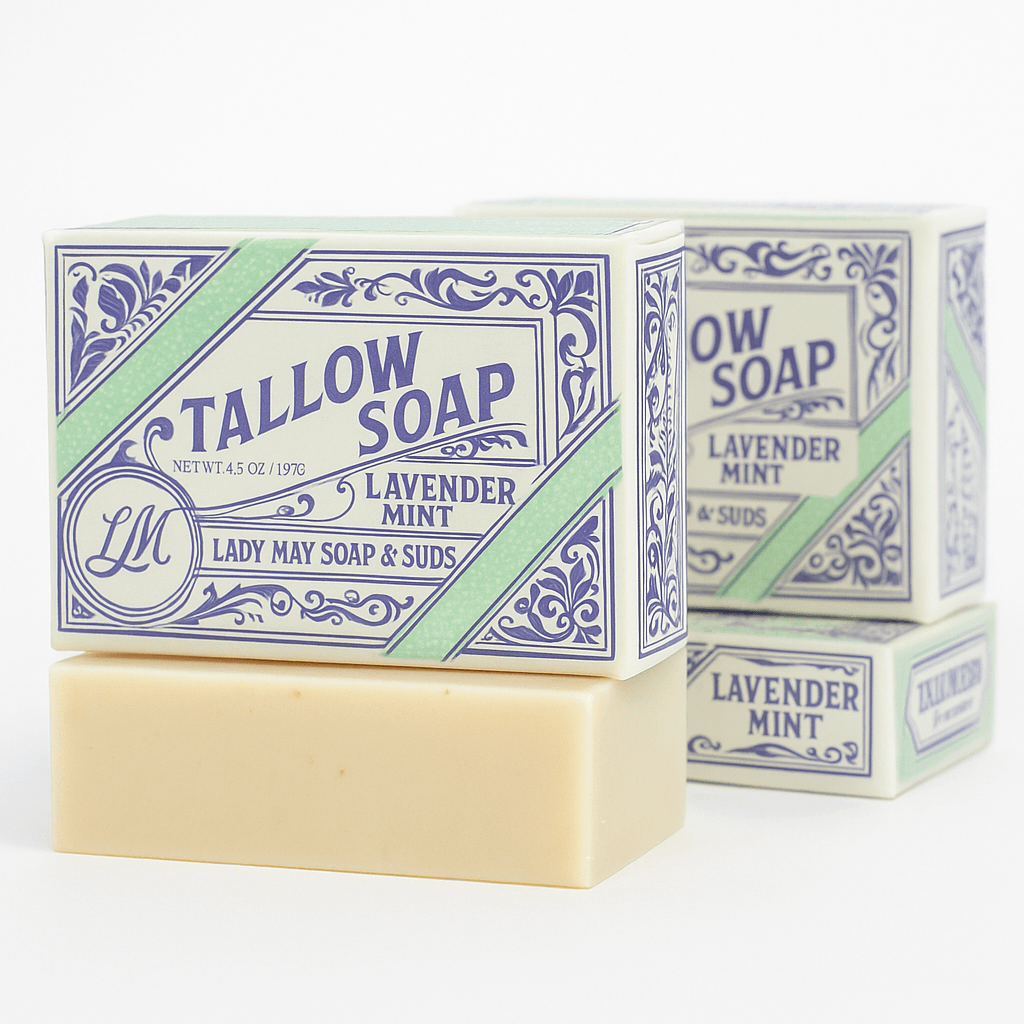 Pure Beef Tallow Soap Bar 3 Pack - Natural Handmade Soap for Face Body & Shaving - Lavender Mint or Unscented - Moisturizing Sensitive Skin Soap - Chemical Free - Lady May Tallow
