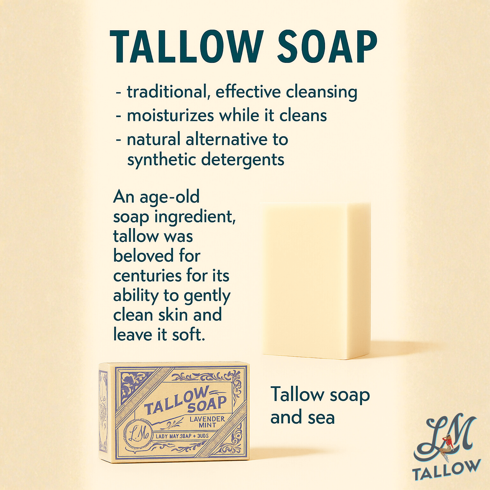 Deluxe Tallow Skincare Gift Set - 6-Piece Grass-Fed Bundle with Candle & Soaps tallow soap benefits graphic with bar