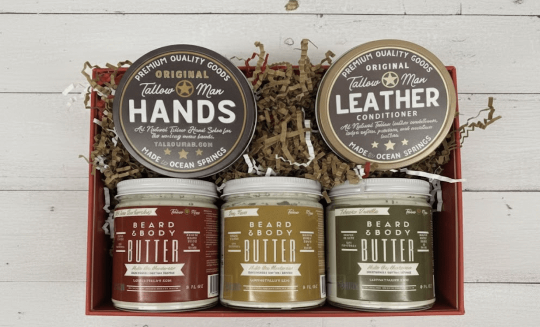 Alt Tag: Tallow Man Deluxe Gift Set – Beard Butter Trio, Hand Salve & Leather Conditioner | Premium Men&