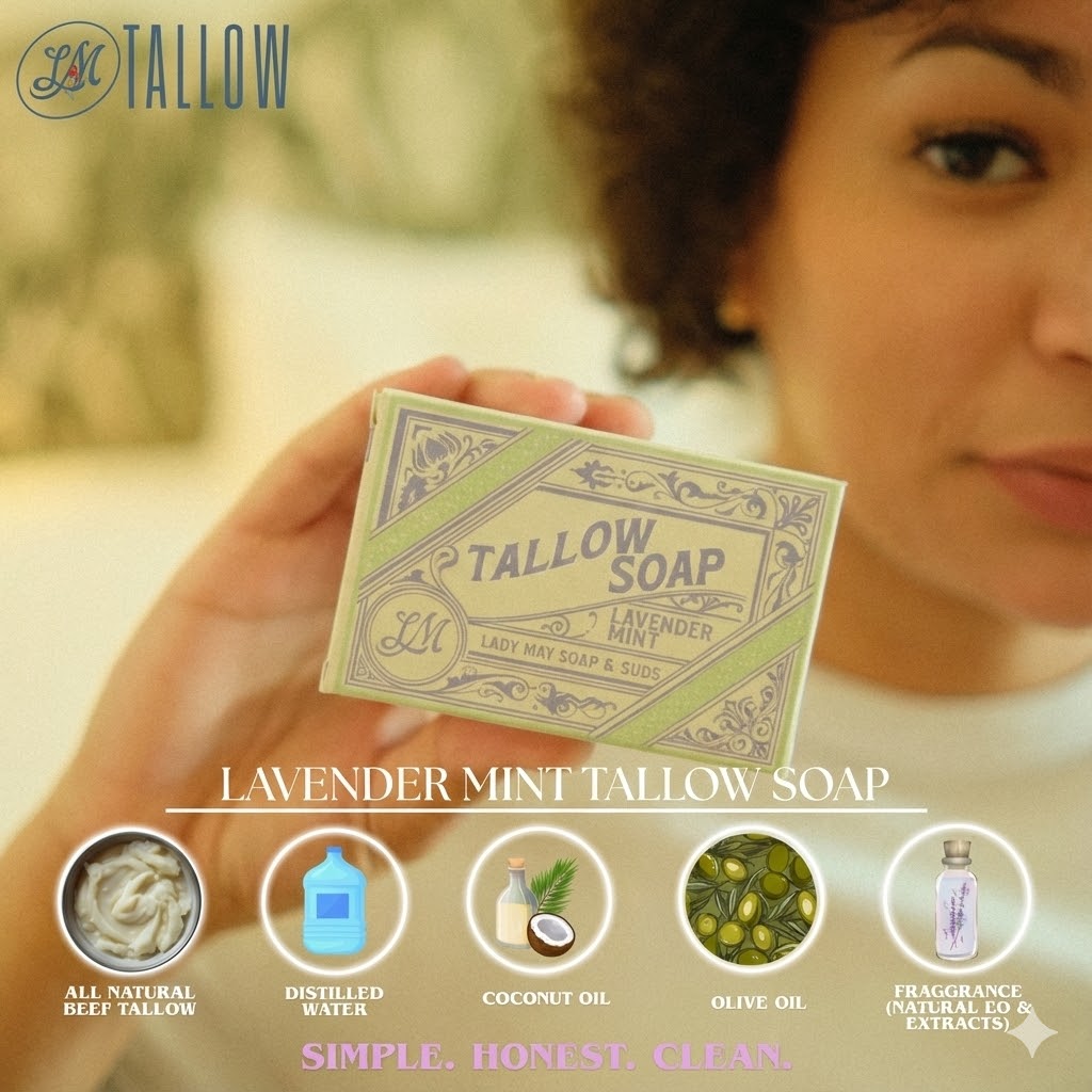 Pure Beef Tallow Soap Bar 3 Pack - Natural Handmade Soap for Face Body & Shaving - Lavender Mint or Unscented - Moisturizing Sensitive Skin Soap - Chemical Free - Lady May Tallow
