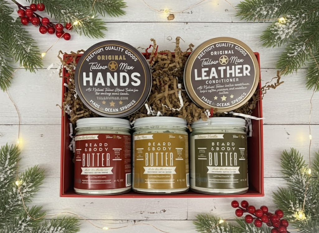 Tallow Man Deluxe Gift Set – Beard Butter Trio, Hand Salve & Leather Conditioner | Premium Men&