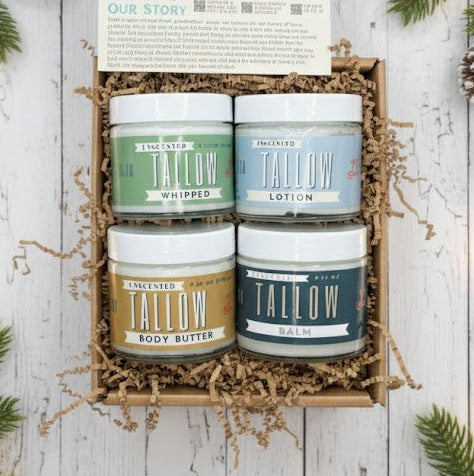 Unscented Tallow Skincare Set - 4 Piece Gift Box Grass-Fed Body