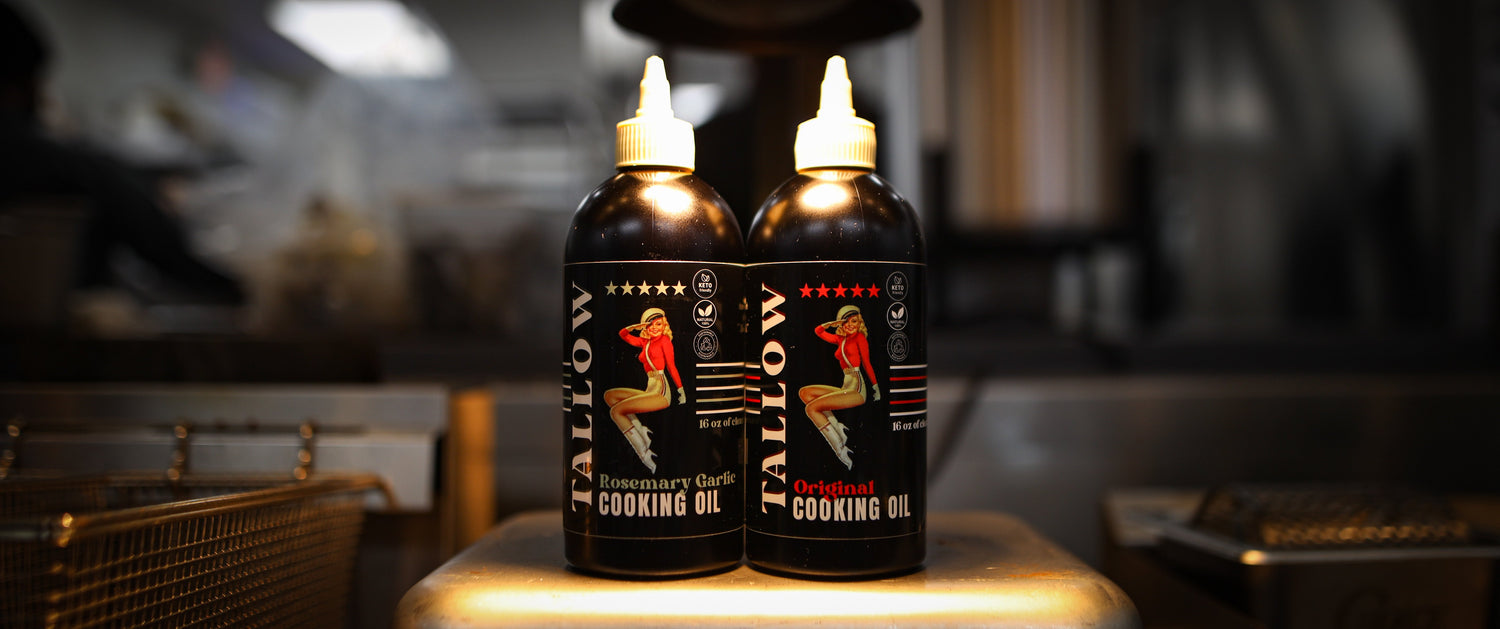 Lady May beef tallow cooking oil bottles on kitchen counter