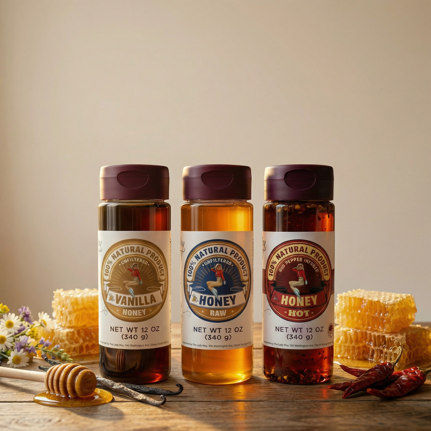 Honey Trio 3-Pack Gift Set - Raw, Hot &amp; Vanilla Honey | Small Batch Farm Grown | Lady May