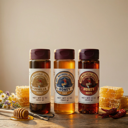 Honey Trio 3-Pack Gift Set - Raw, Hot &amp; Vanilla Honey | Small Batch Farm Grown | Lady May