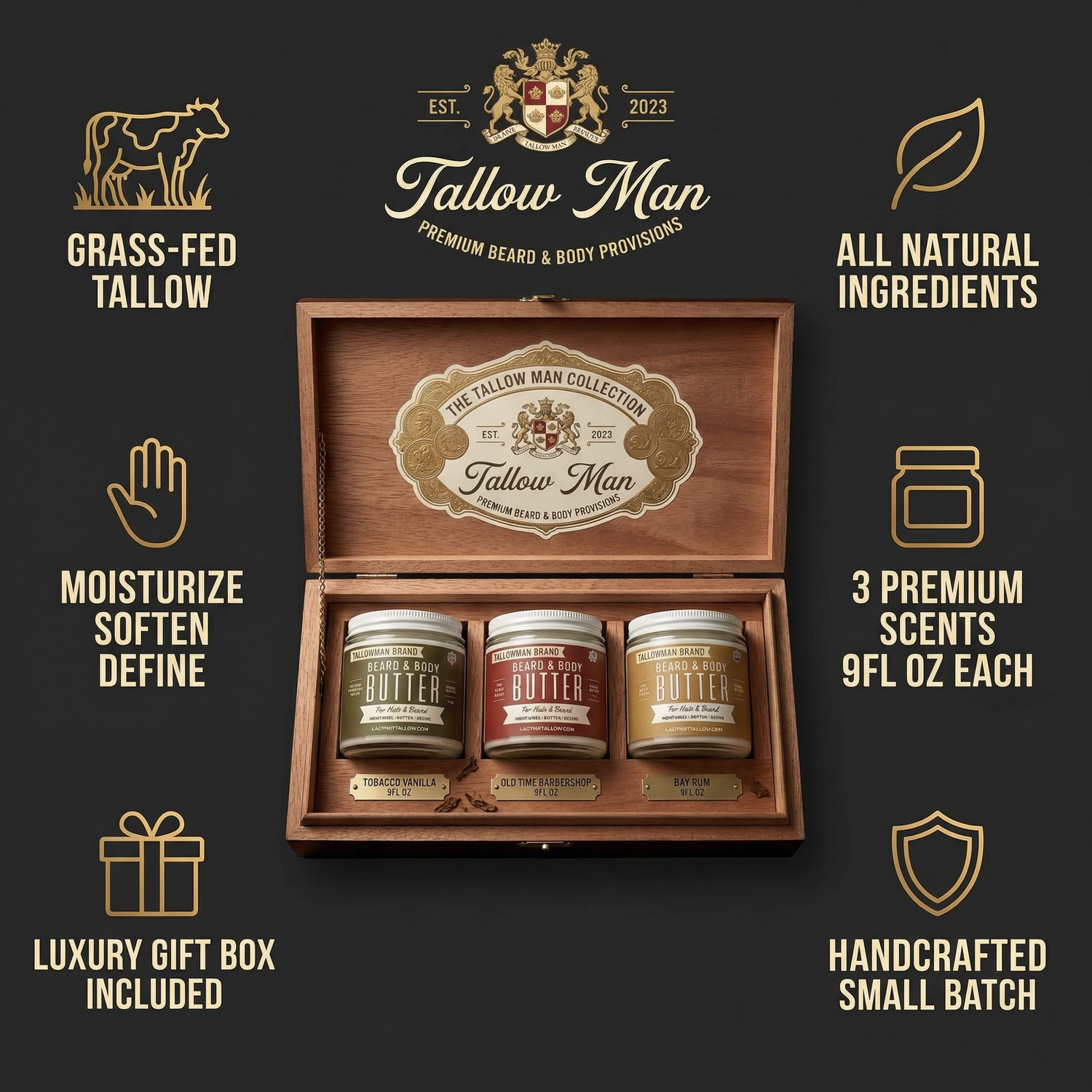 Tallow Man Deluxe Gift Set – Beard Butter Trio, Hand Salve &amp; Leather Conditioner | Premium Men&