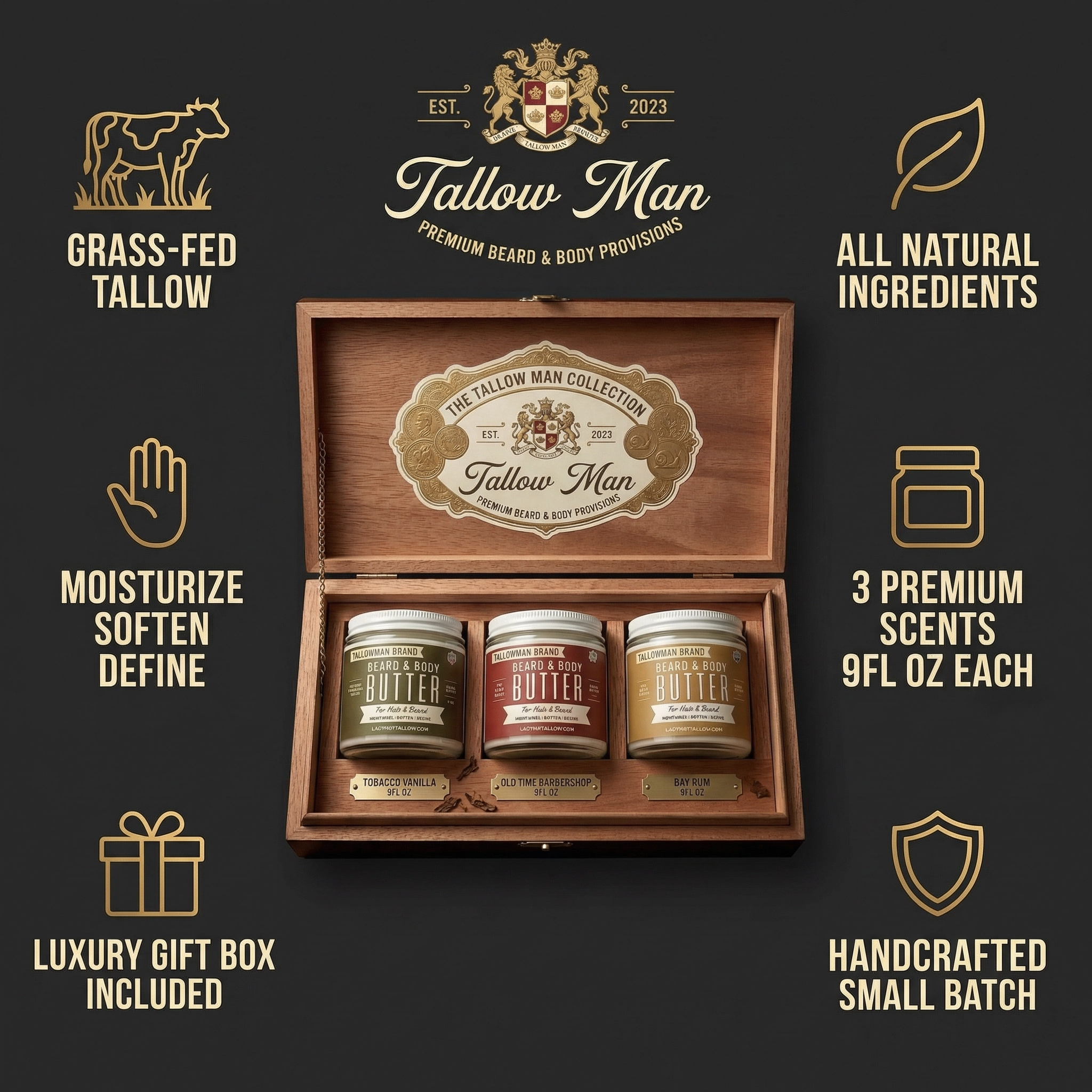 Tallow Man Deluxe Gift Set – Beard Butter Trio, Hand Salve &amp; Leather Conditioner | Premium Men&