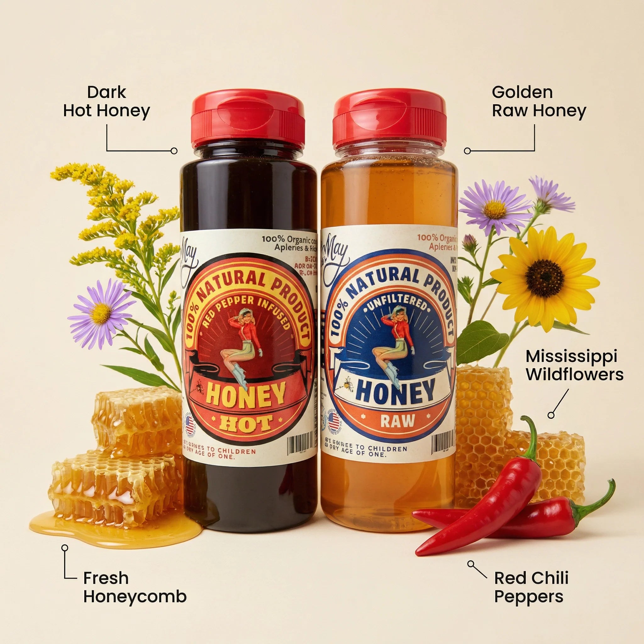 Raw Honey &amp; Hot Honey Duo - Sweet Heat 2-Pack Gift Set | Small Batch Farm Grown | Lady May