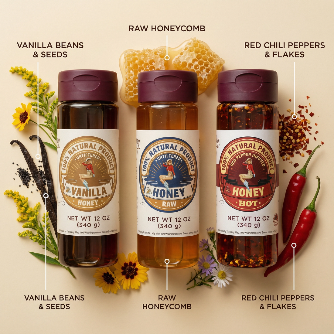 Honey Trio 3-Pack Gift Set - Raw, Hot &amp; Vanilla Honey | Small Batch Farm Grown | Lady May