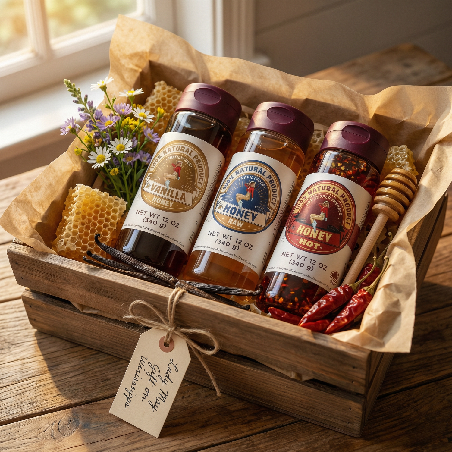 Honey Trio 3-Pack Gift Set - Raw, Hot &amp; Vanilla Honey | Small Batch Farm Grown | Lady May