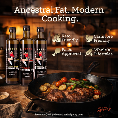 Premium Grass-Fed Beef Tallow Cooking Oil - Restaurant-Proven | Choose Your Flavor bottles beside skillet steak; keto, paleo, Whole30