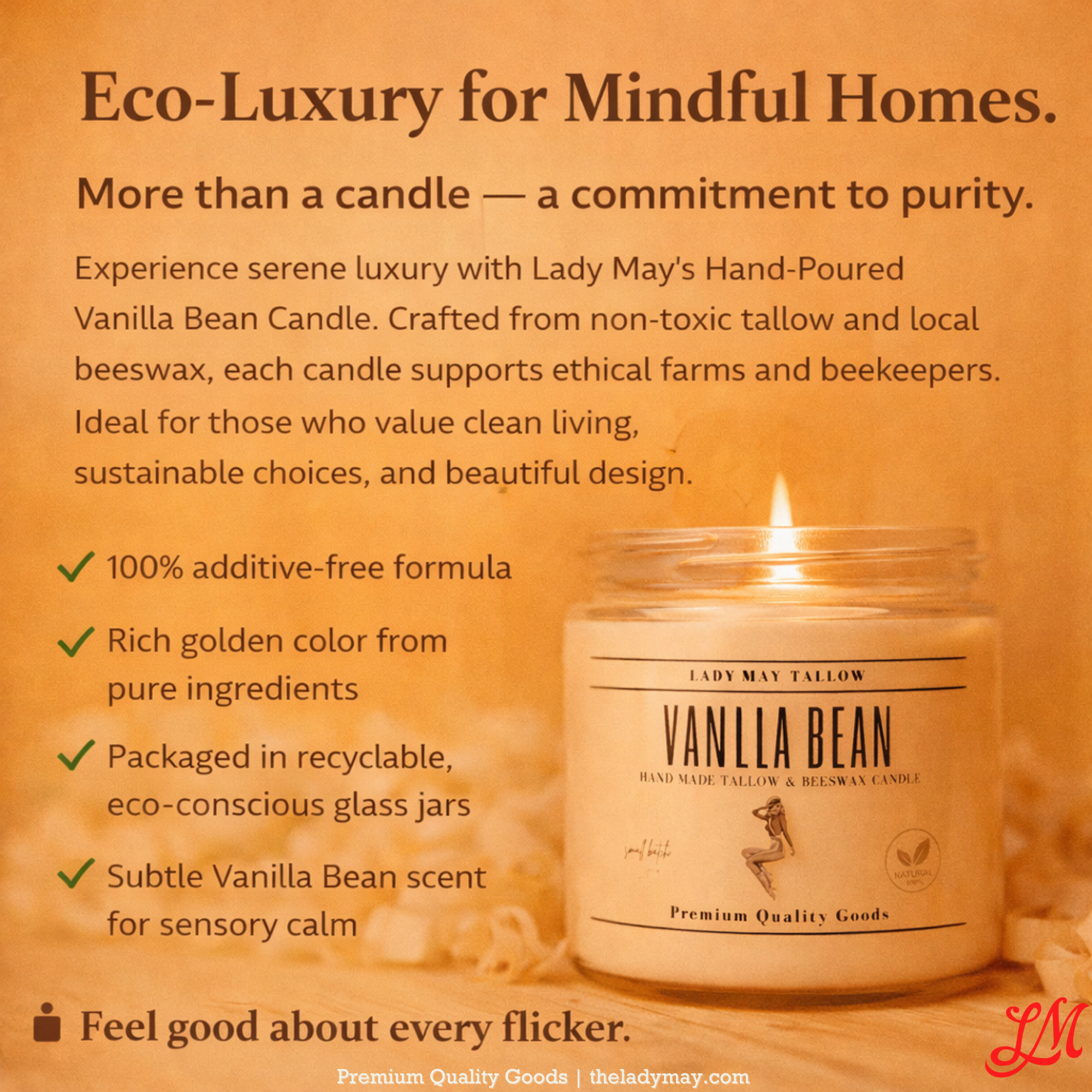 Lady May Tallow "Classic" Tallow &amp; Beeswax Candle 16oz | 7 Natural Scents | Non-Toxic Clean Burning
