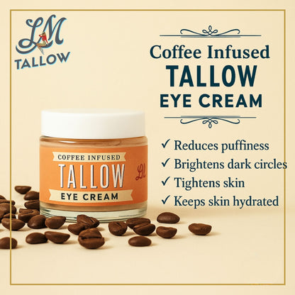 Coffee-infused tallow eye cream jar with coffee beans on a beige background, featuring LM Tallow branding.
