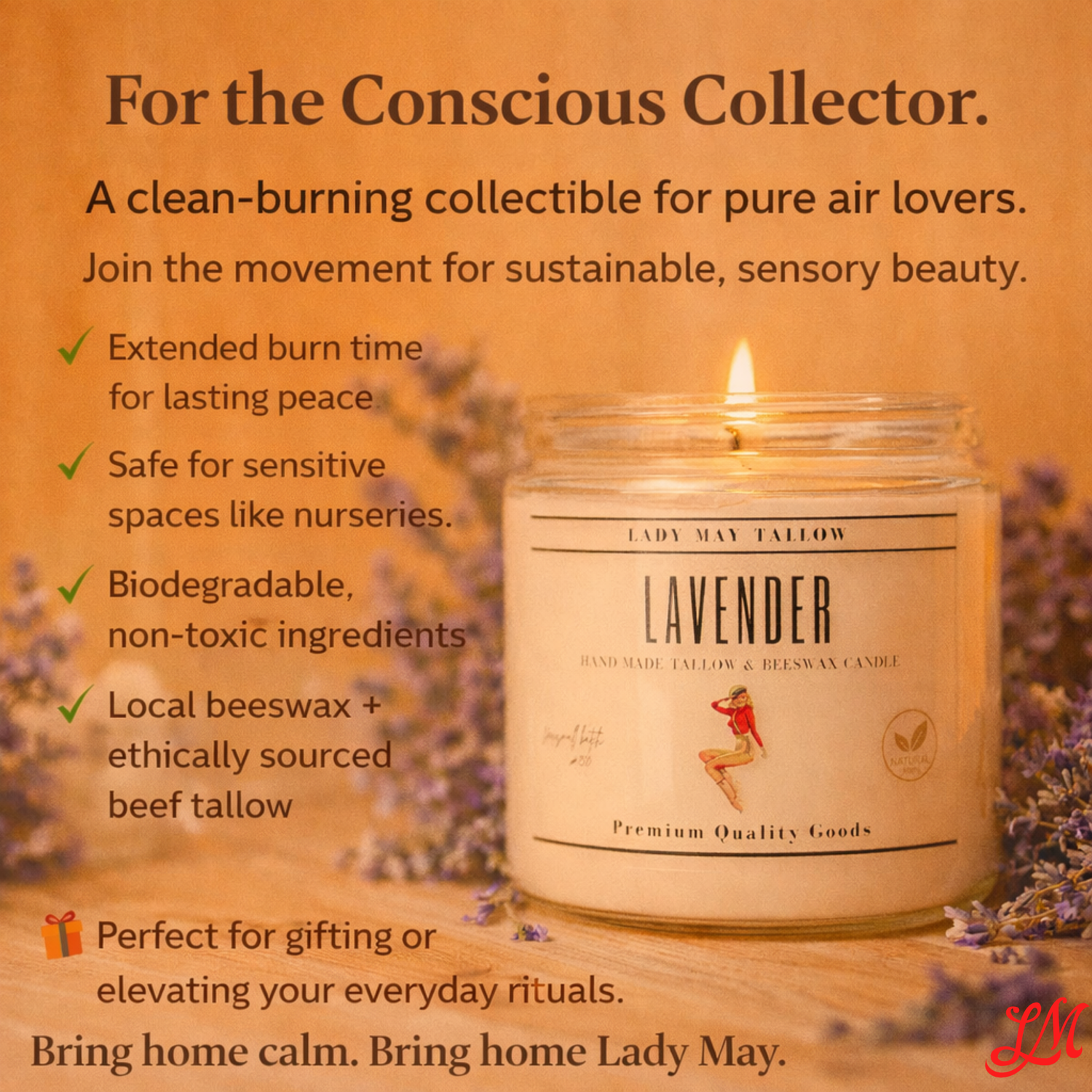 Lady May Tallow "Classic" Tallow &amp; Beeswax Candle 16oz | 7 Natural Scents | Non-Toxic Clean Burning