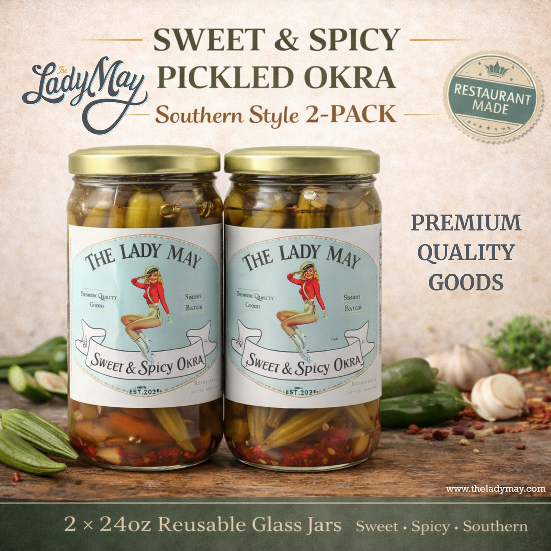 Lady May Sweet &amp; Spicy Pickled Okra – 2 Pack (24oz Jars) – Southern Style Whole Fresh Okra Pods – Small Batch Restaurant Made – Sweet Heat with Jalapeño &amp; Garlic